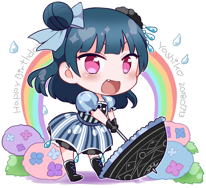 1girl :d black_footwear black_gloves blue_hair blue_ribbon boots bush character_name chibi dated dress fang frilled_sleeves frills full_body gloves hair_ribbon happy_birthday holding holding_umbrella izumi_kirifu long_hair looking_at_viewer love_live! love_live!_sunshine!! open_mouth outline rainbow ribbon short_sleeves side_bun smile solo standing striped striped_dress tsushima_yoshiko umbrella v-shaped_eyebrows vertical-striped_dress vertical_stripes violet_eyes water_drop water_drop_hair_ornament white_outline