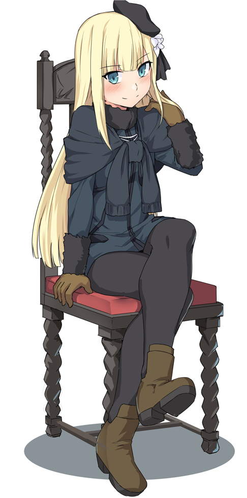 black_headwear black_jacket black_legwear blonde_hair blush boots brown_footwear brown_gloves chair character_request commentary_request copyright_request flower full_body fur gloves hat jacket long_hair looking_at_viewer pantyhose shiseki_hirame simple_background sitting smile white_background