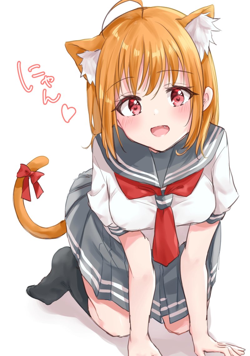 1girl :d ahoge all_fours animal_ear_fluff animal_ears bangs black_legwear blush bow cat_ears cat_tail commentary_request fang grey_skirt heart kemonomimi_mode looking_at_viewer love_live! love_live!_sunshine!! minori_748 neckerchief no_shoes nyan open_mouth orange_hair pleated_skirt red_bow red_eyes red_neckwear school_uniform serafuku short_hair short_sleeves skirt smile socks solo tail tail_bow takami_chika uranohoshi_school_uniform white_background