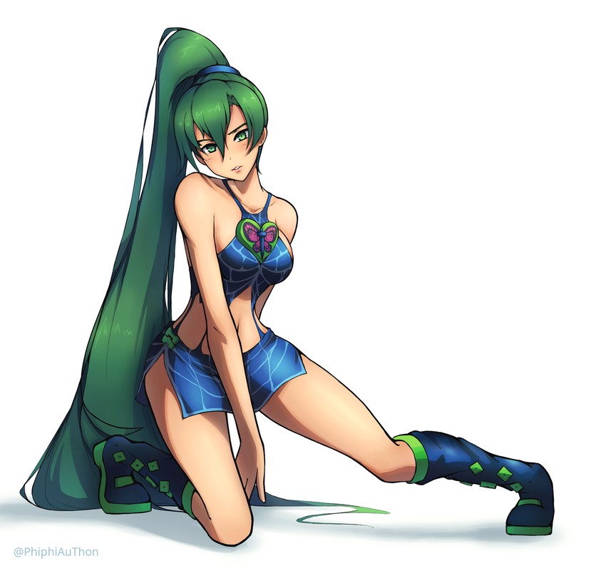 1girl bare_legs bare_shoulders between_legs blue_footwear boots breasts collarbone cosplay fire_emblem fire_emblem:_rekka_no_ken full_body green_eyes green_hair hair_between_eyes hand_between_legs head_tilt jojo_no_kimyou_na_bouken kuujou_jolyne kuujou_jolyne_(cosplay) long_hair looking_at_viewer lyndis_(fire_emblem) medium_breasts midriff miniskirt navel nintendo parted_lips phiphi-au-thon ponytail shadow side_slit simple_background skirt sleeveless solo spider_web_print stone_ocean twitter_username very_long_hair white_background