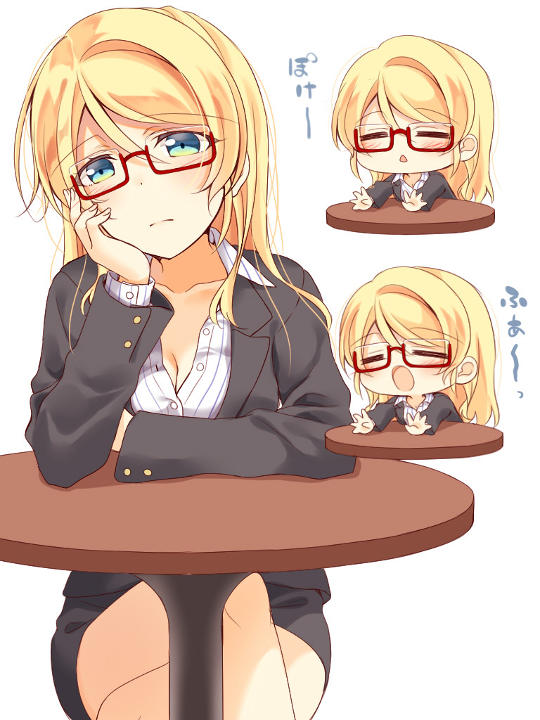 1girl :o ayase_eli bespectacled black_jacket black_skirt blonde_hair blue_eyes blush chin_rest closed_eyes commentary_request formal frown glasses hair_between_eyes jacket long_hair long_sleeves love_live! love_live!_school_idol_project mogu_(au1127) multiple_views pinstripe_shirt red-framed_eyewear semi-rimless_eyewear skirt skirt_suit stretch suit table under-rim_eyewear white_background