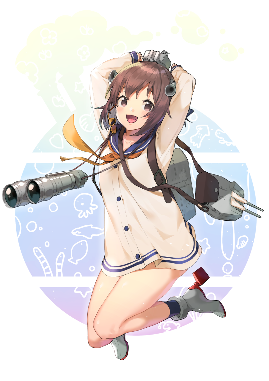 1girl bangs binoculars black_legwear brown_eyes brown_hair commentary_request dress headgear headset high_heels highres itohana kantai_collection multicolored multicolored_background neckerchief rudder_footwear sailor_collar sailor_dress school_uniform serafuku short_hair socks solo speaking_tube_headset torpedo_launcher turret white_background yellow_neckwear yukikaze_(kantai_collection)