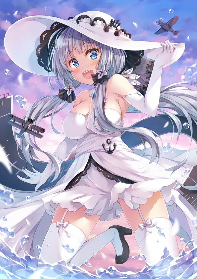 1girl aircraft airplane azur_lane bangs blue_eyes blush breasts cleavage dress dusk elbow_gloves eyebrows_visible_through_hair gloves hair_ornament hair_ribbon hat illustrious_(azur_lane) lace_trim large_breasts long_hair looking_at_viewer mole mole_under_eye outdoors ribbon smile solo splashing strapless strapless_dress sun_hat thigh-highs tomo_wakui wading water_drop white_dress white_gloves white_hair white_headwear white_legwear