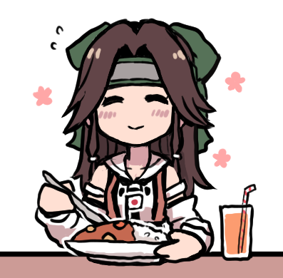 1girl brown_hair closed_eyes curry curry_rice detached_sleeves drinking_straw eating food forehead_protector glass hachimaki hair_intakes half_updo headband jintsuu_(kantai_collection) kantai_collection long_hair lowres orange_juice ponytail remodel_(kantai_collection) rice school_uniform serafuku smile solo terrajin white_background