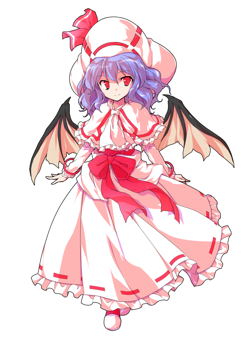 1girl alphes_(style) ascot bat_wings bow capelet closed_mouth commentary_request curiosities_of_lotus_asia dairi eyebrows_visible_through_hair frilled_capelet frilled_skirt frills full_body hat long_hair long_skirt long_sleeves parody pink_headwear pink_skirt purple_hair red_bow red_eyes remilia_scarlet ribbon-trimmed_skirt ribbon_trim skirt smile solo standing style_parody tachi-e touhou transparent_background wings