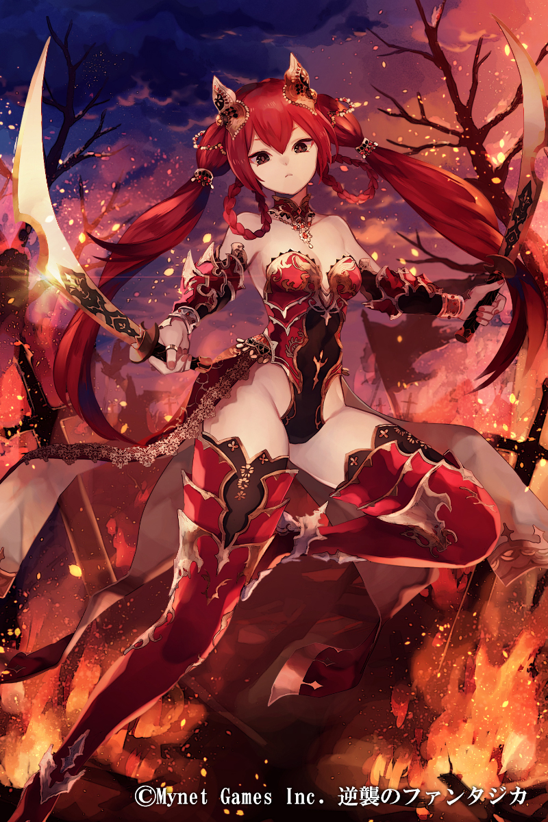 1girl bare_shoulders bare_tree black_eyes clouds copyright_name dual_wielding fire flag full_body gyakushuu_no_fantasica hair_rings highres holding holding_sword holding_weapon jewelry long_hair natsuiro_xx official_art outdoors planted_sword planted_weapon red_footwear red_legwear redhead ring solo standing standing_on_one_leg sword thigh-highs tree twintails very_long_hair watermark weapon