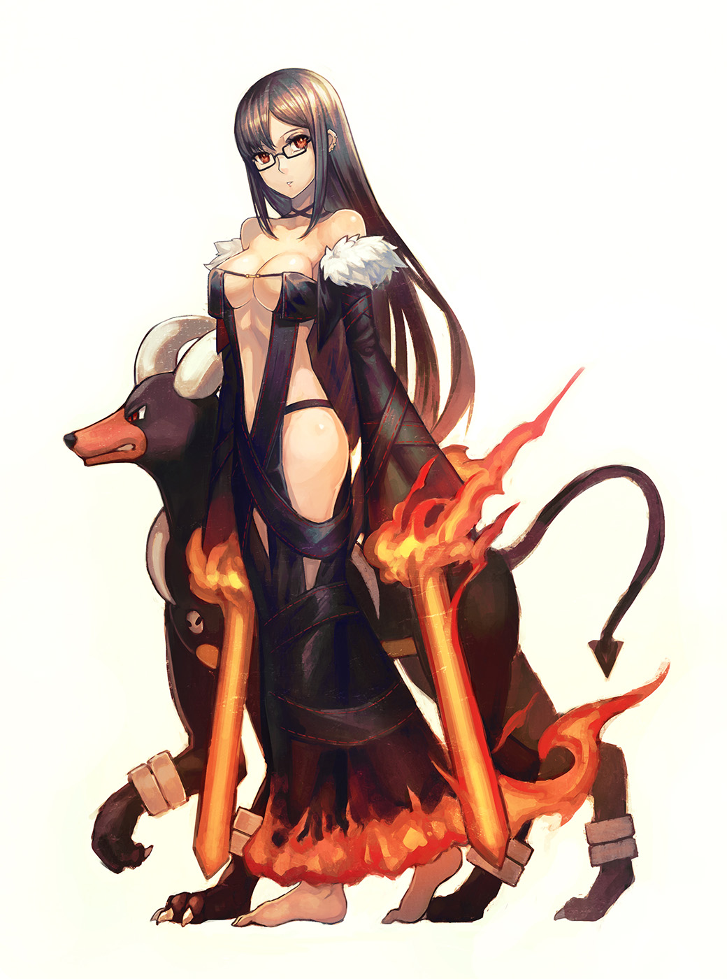 1girl a-er_(akkij0358) bare_shoulders barefoot black-framed_eyewear black_dress breasts cleavage consort_yu_(fate) creatures_(company) crossover dog dress ear_piercing fate/grand_order fate_(series) fire flame fur_trim game_freak gen_2_pokemon glasses highres horns houndoom long_hair medium_breasts midriff navel nintendo piercing pokemon pokemon_(game) revealing_clothes strapless strapless_dress very_long_hair