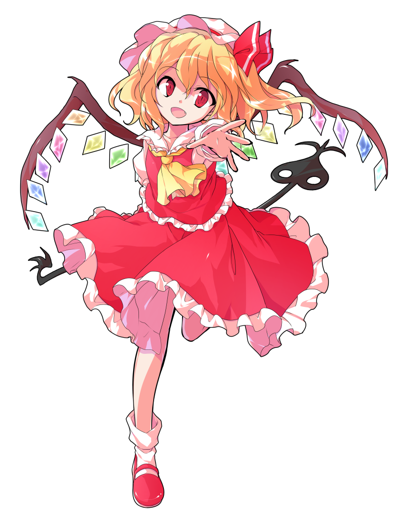 1girl alphes_(style) blonde_hair bobby_socks bow crystal dairi eyebrows_visible_through_hair fang flandre_scarlet frilled_shirt frilled_shirt_collar frilled_skirt frills full_body hair_between_eyes hat hat_ribbon laevatein looking_at_viewer medium_hair mob_cap open_mouth outstretched_arm parody pink_headwear reaching_out red_bow red_eyes red_footwear red_ribbon red_skirt red_vest ribbon shirt skirt smile socks solo standing standing_on_one_leg style_parody tachi-e touhou transparent_background vest white_shirt wings