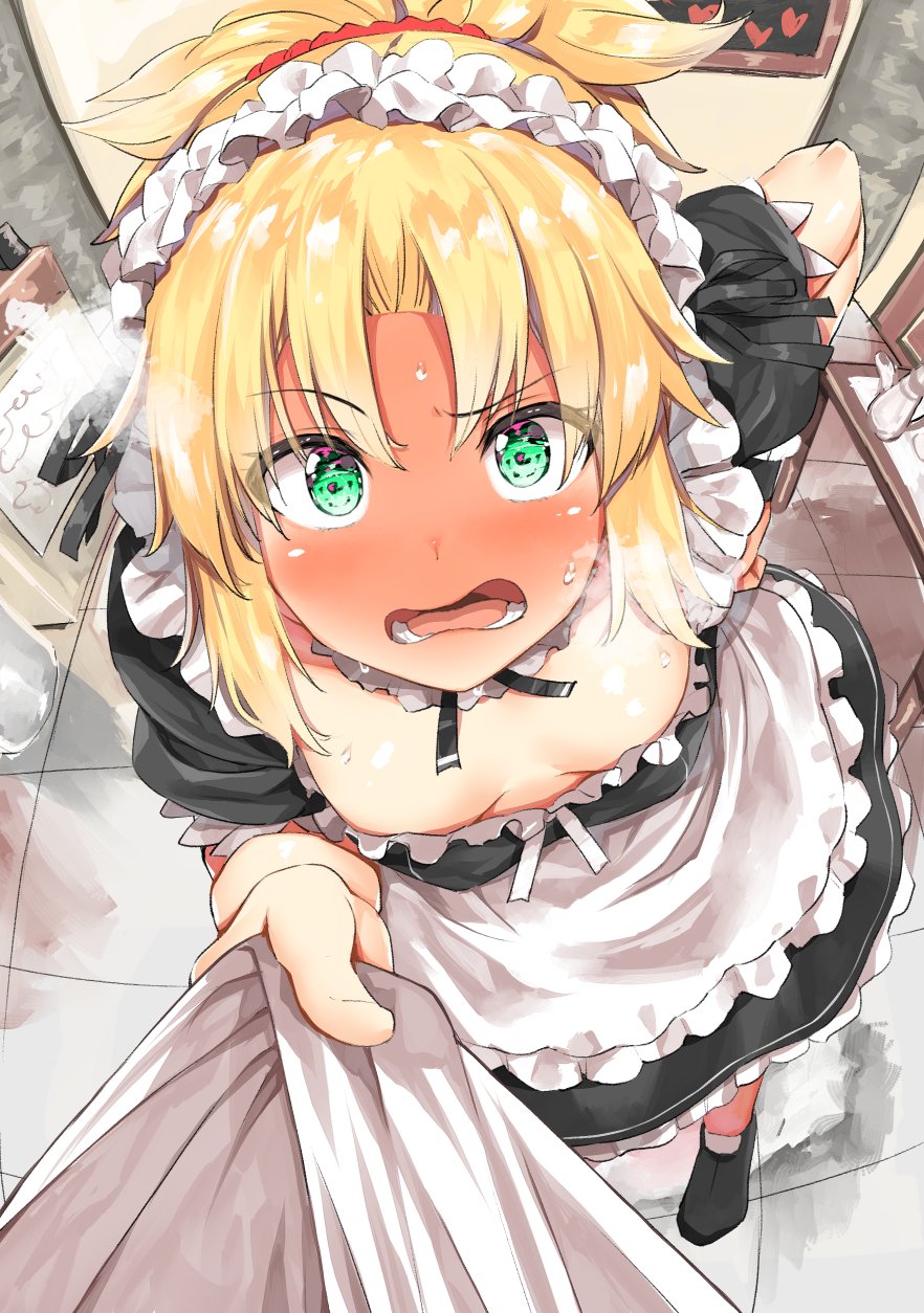 1girl ahoge apron bangs black_footwear blonde_hair blush body_mahattaya_ginga braid breasts detached_collar dress eyebrows_visible_through_hair fate_(series) green_eyes hair_intakes hand_on_hip highres indoors long_hair looking_at_viewer maid mordred_(fate)_(all) open_mouth ponytail pov puffy_short_sleeves puffy_sleeves scrunchie shirt_grab short_sleeves small_breasts steam sweat