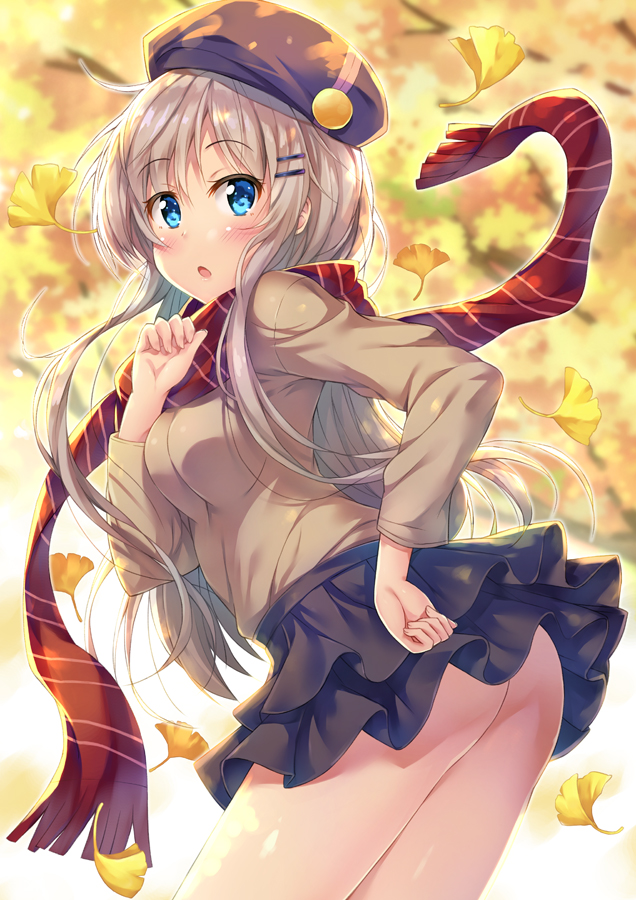 1girl :o ass autumn_leaves bangs beret black_headwear black_skirt blue_eyes blush breasts brown_shirt clenched_hands commentary_request grey_hair hair_ornament hand_on_hip hat leaf long_hair long_sleeves looking_back maple_leaf medium_breasts miniskirt original outdoors red_scarf scarf shirt skirt solo striped striped_scarf thighs tomo_wakui