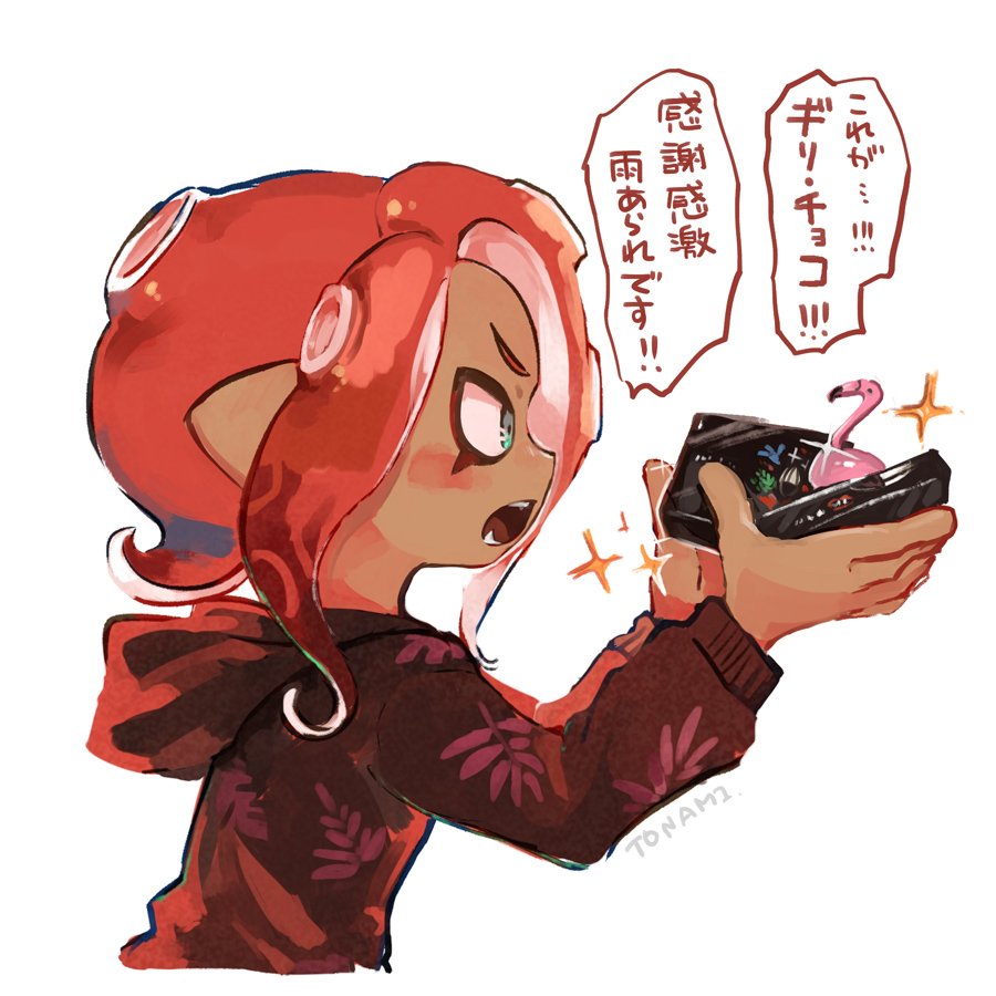 1girl agent_8 artist_name bird blush box chocolate dark_skin flamingo gift gift_box holding holding_gift hood hood_down hoodie incoming_gift long_sleeves makeup mascara mask medium_hair obligation_chocolate octoling open_mouth pointy_ears redhead short_eyebrows solo splatoon splatoon_(series) splatoon_2 splatoon_2:_octo_expansion squidbeak_splatoon suction_cups tentacle_hair tona_bnkz valentine