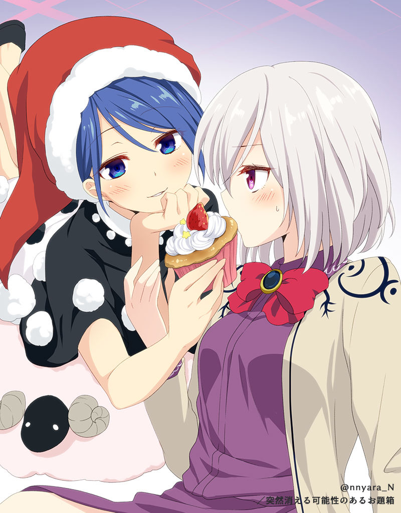 2girls artist_name bangs beige_jacket black_capelet black_footwear blue_eyes blue_hair blush bow bowtie breasts brooch capelet chin_rest commentary_request cupcake doremy_sweet dress eyebrows_visible_through_hair feeding feet_out_of_frame food fruit gradient gradient_background grin hand_up hat holding holding_food jacket jewelry kishin_sagume looking_at_another lying medium_breasts multiple_girls nightcap nnyara on_stomach open_clothes open_jacket parted_lips pom_pom_(clothes) profile purple_background purple_dress red_bow red_headwear red_neckwear shoes short_hair silver_hair sitting smile strawberry sweat touhou translation_request twitter_username upper_body violet_eyes white_dress