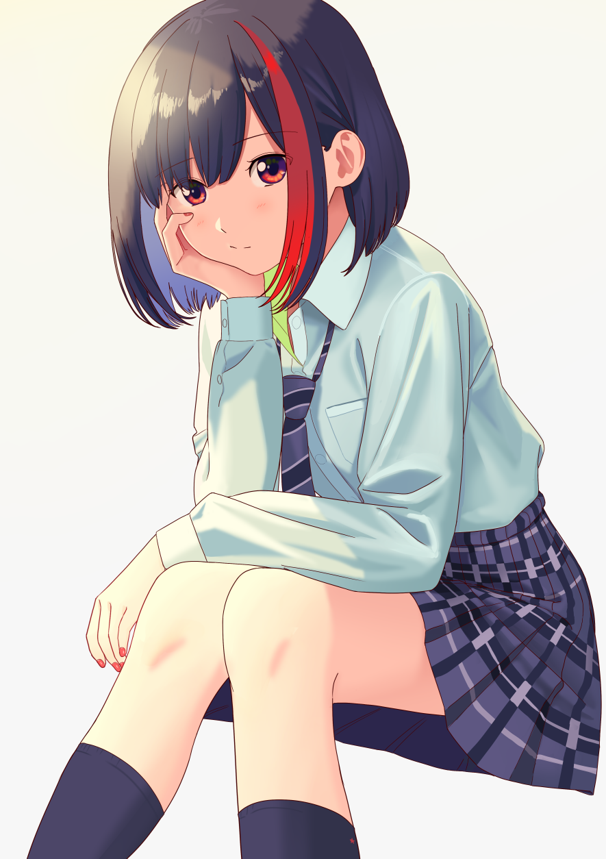 1girl bang_dream! bangs black_hair bob_cut chin_rest collared_shirt commentary_request grey_background haneoka_school_uniform highres invisible_chair light_blush long_sleeves looking_at_viewer miniskirt mitake_ran multicolored_hair nail_polish navy_blue_legwear navy_blue_neckwear navy_blue_skirt necktie plaid plaid_skirt poligon_(046) red_eyes red_nails redhead school_uniform shirt short_hair sitting skirt smile socks solo streaked_hair striped striped_neckwear white_shirt