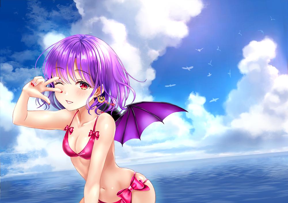 1girl arm_up bangs bat_wings bikini bird blue_sky bow breasts cleavage clouds collarbone commentary_request crescent crescent_earrings day earrings eyebrows_visible_through_hair flock grin jewelry looking_at_viewer nail_polish navel no_hat no_headwear outdoors pink_bikini pink_bow purple_hair red_eyes red_nails remilia_scarlet short_hair skindentation sky small_breasts smile solo star star_earrings stomach swimsuit touhou uemura_shun upper_body w w_over_eye water wings