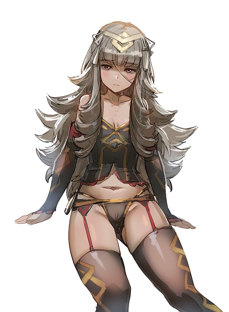 1girl black_legwear blush bow_(bhp) breasts cleavage closed_mouth fire_emblem fire_emblem_heroes grey_hair hair_ornament long_hair navel nintendo red_eyes simple_background small_breasts solo veronica_(fire_emblem) white_background