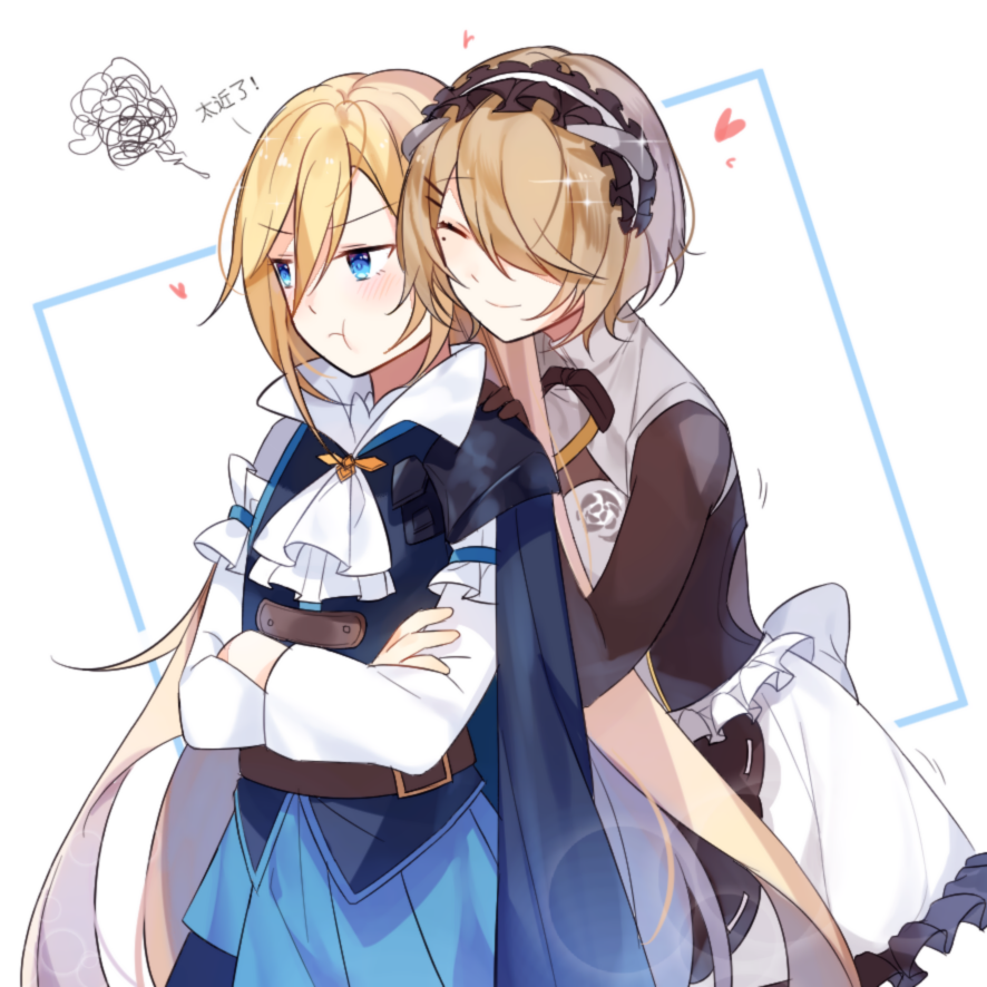 2girls :t ascot black_gloves blonde_hair blue_eyes blush cape closed_eyes closed_mouth commentary_request crossed_arms durandal_(honkai_impact) fake_horns gloves hair_between_eyes hair_over_one_eye hand_on_another's_shoulder heart honkai_(series) honkai_impact_3rd lnnnnnnn long_hair long_sleeves maid maid_headdress mole mole_under_eye multiple_girls pout rita_rossweisse short_hair smile translation_request very_long_hair yuri