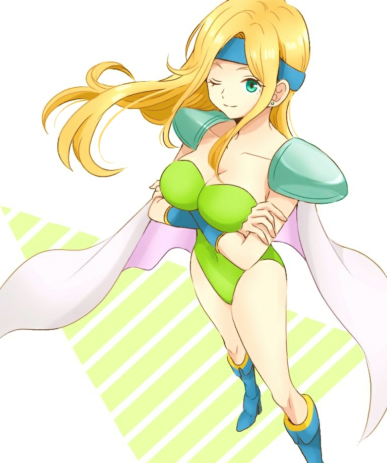 1girl ;) aqua_eyes blonde_hair blue_footwear blue_headband boots bracer breast_hold breasts cape celes_chere cleavage closed_mouth collarbone covered_navel crossed_arms earrings final_fantasy final_fantasy_vi green_leotard headband high_heel_boots high_heels highleg highleg_leotard ichi_(pixiv6373491) jewelry large_breasts leotard long_hair looking_at_viewer one_eye_closed pauldrons smile solo standing straight_hair white_cape