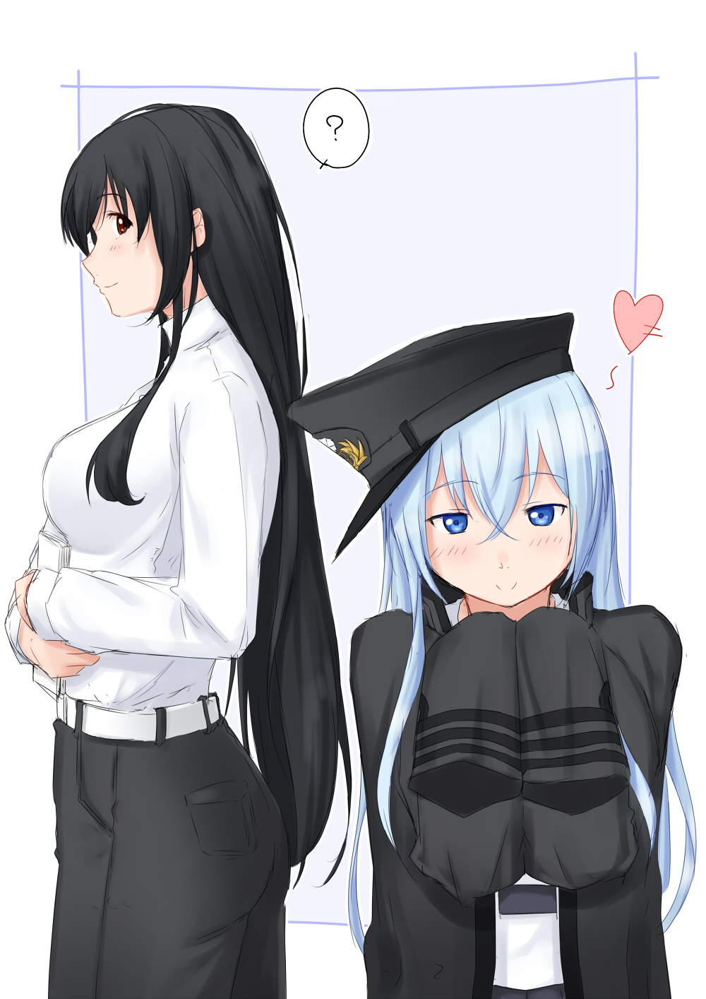 2girls ? ass black_hair blue_eyes blue_hair blush breasts brown_eyes commentary_request female_admiral_(kantai_collection) hat hat_removed headwear_removed heart hibiki_(kantai_collection) highres holding holding_paper kantai_collection long_hair long_sleeves military military_hat military_uniform multiple_girls naval_uniform niwatazumi oversized_clothes pants paper peaked_cap remodel_(kantai_collection) school_uniform sidelocks silver_hair sketch sleeves_past_wrists smile spoken_question_mark sweater tatebayashi_sakurako uniform verniy_(kantai_collection)