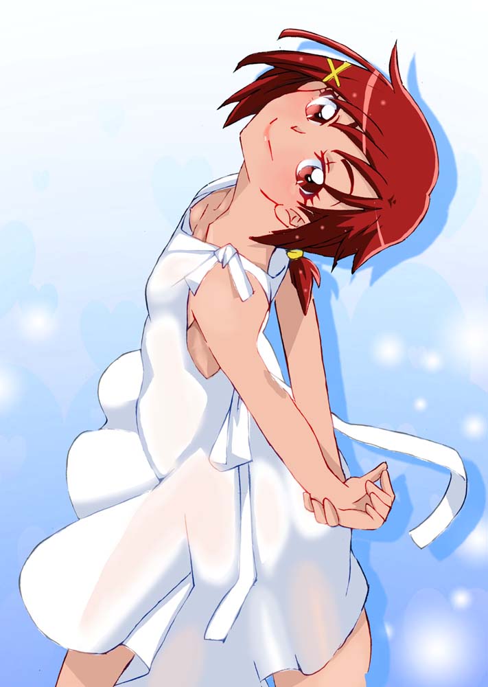 1girl closed_mouth commentary_request dress graphite_(medium) hino_akane_(smile_precure!) looking_at_viewer millipen_(medium) onnaski precure red_eyes redhead see-through short_hair smile smile_precure! solo traditional_media white_dress