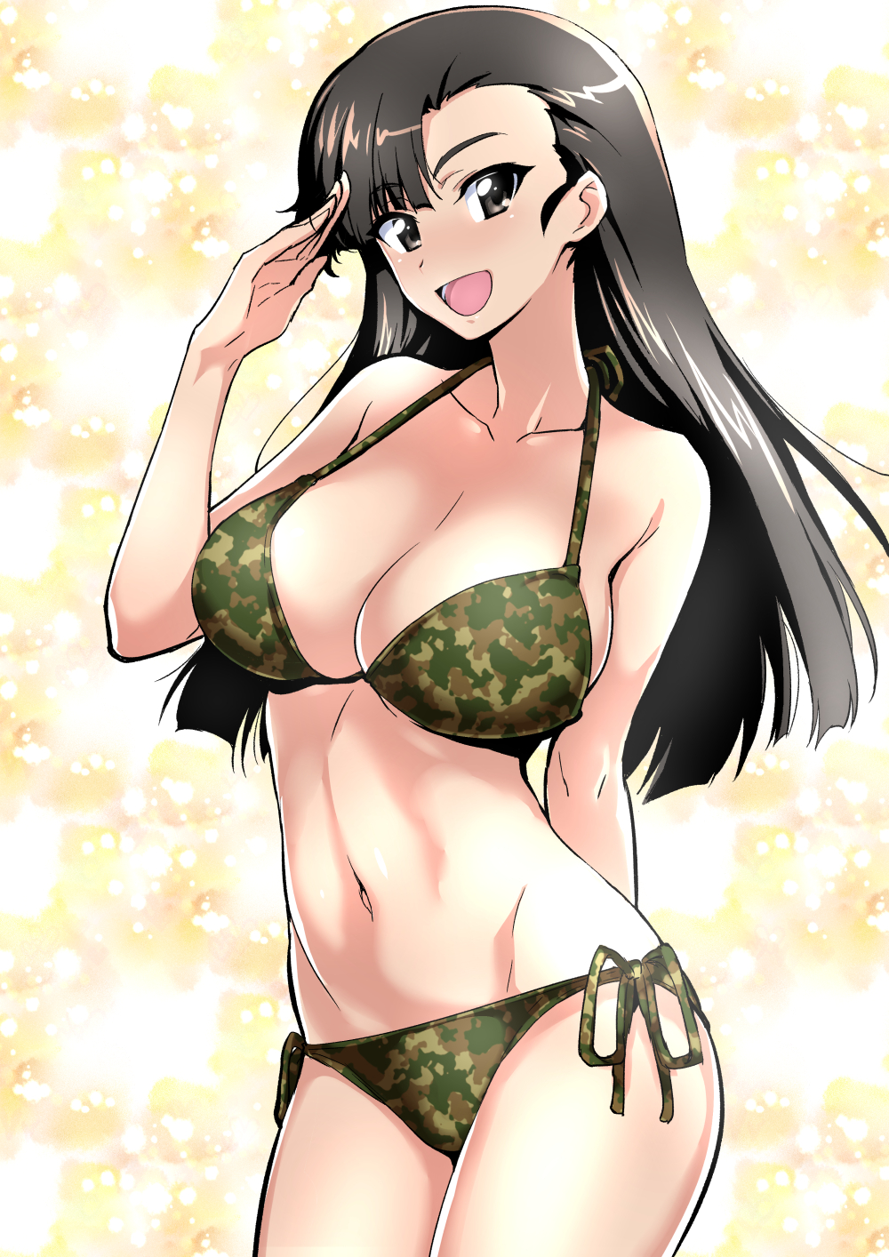 1girl :d asymmetrical_bangs bangs bare_shoulders bikini black_hair breasts camouflage camouflage_bikini cleavage collarbone eyebrows_visible_through_hair girls_und_panzer grey_eyes highres large_breasts long_hair looking_at_viewer nakahira_guy navel nishi_kinuyo open_mouth salute shiny shiny_hair side-tie_bikini smile solo swimsuit