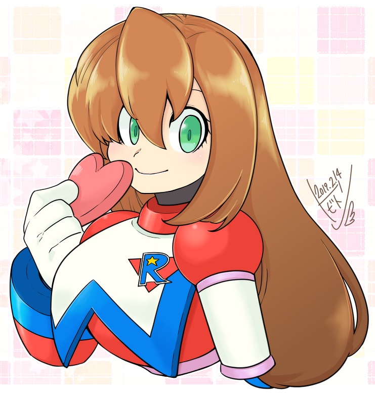 1girl android bangs blush box brown_hair capcom cropped_torso dated gloves green_eyes hair_between_eyes heart-shaped_box holding iris_(rockman_x) long_hair patterned_background rockman rockman_x rockman_x2:_soul_eraser signature smile solo tobitori upper_body valentine white_gloves