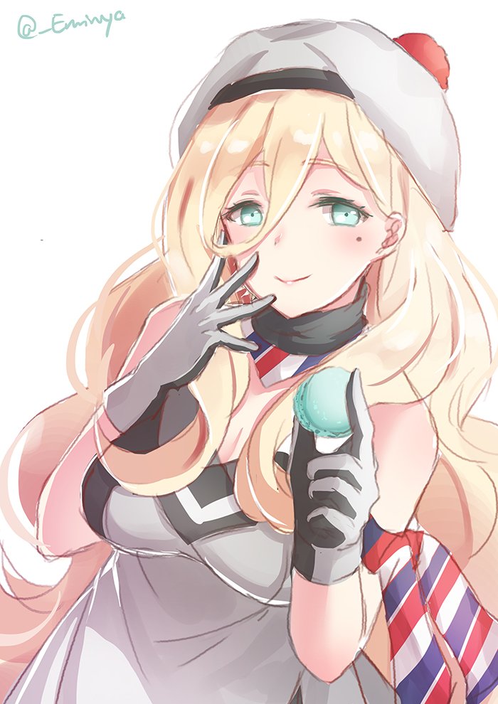 1girl aqua_eyes armband beret blonde_hair commentary_request dress emia_wang food gloves hair_between_eyes hat holding holding_food kantai_collection long_hair macaron mole mole_under_eye multicolored multicolored_clothes multicolored_dress multicolored_gloves multicolored_scarf pom_pom_(clothes) richelieu_(kantai_collection) scarf solo strapless strapless_dress twitter_username white_background white_headwear