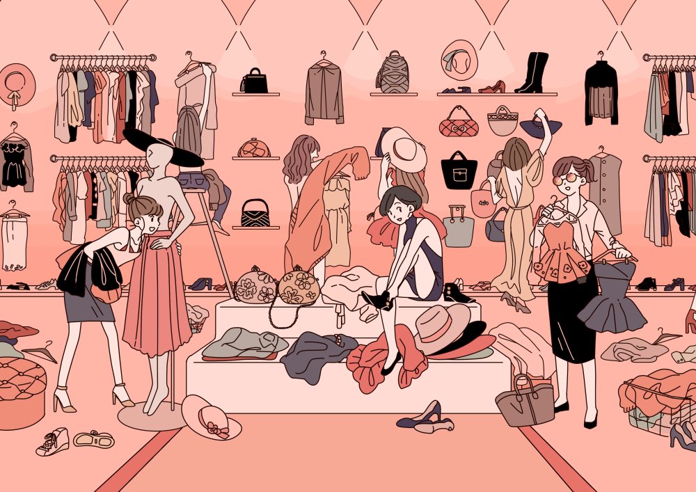 6+girls bag changing_clothes clothes clothes_grab clothes_hanger clothes_on_floor dress handbag hat jewelry multiple_girls original pants pink_background rate_suto shirt shoes shopping_basket sunglasses