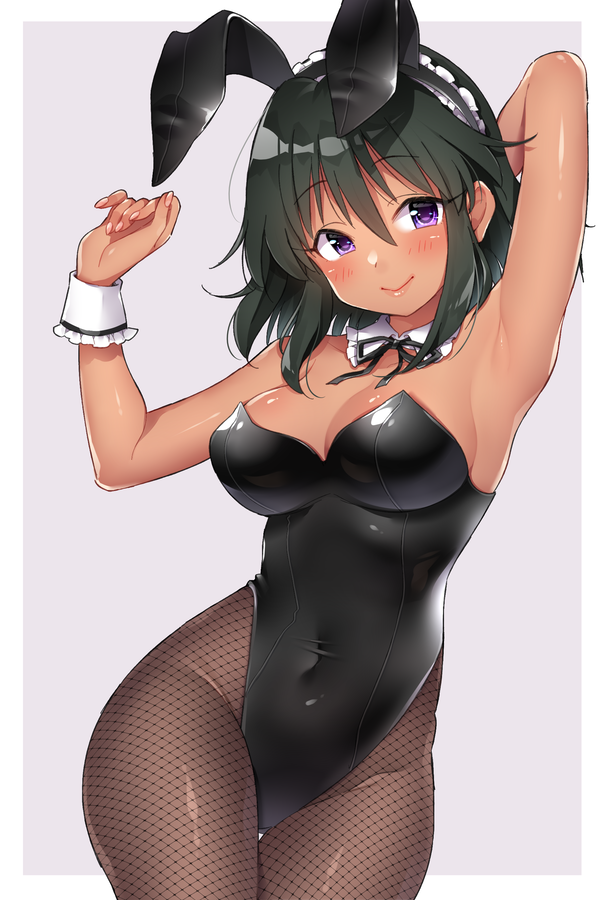 1girl animal_costume animal_ears arm_behind_head arm_up armpits blush breasts bunny_costume cleavage covered_navel detached_collar fishnets green_hair grey_background groin idolmaster idolmaster_cinderella_girls medium_breasts mio_(mgr300) natalia_(idolmaster) navel rabbit_ears short_hair smile solo tan thighs violet_eyes wrist_cuffs