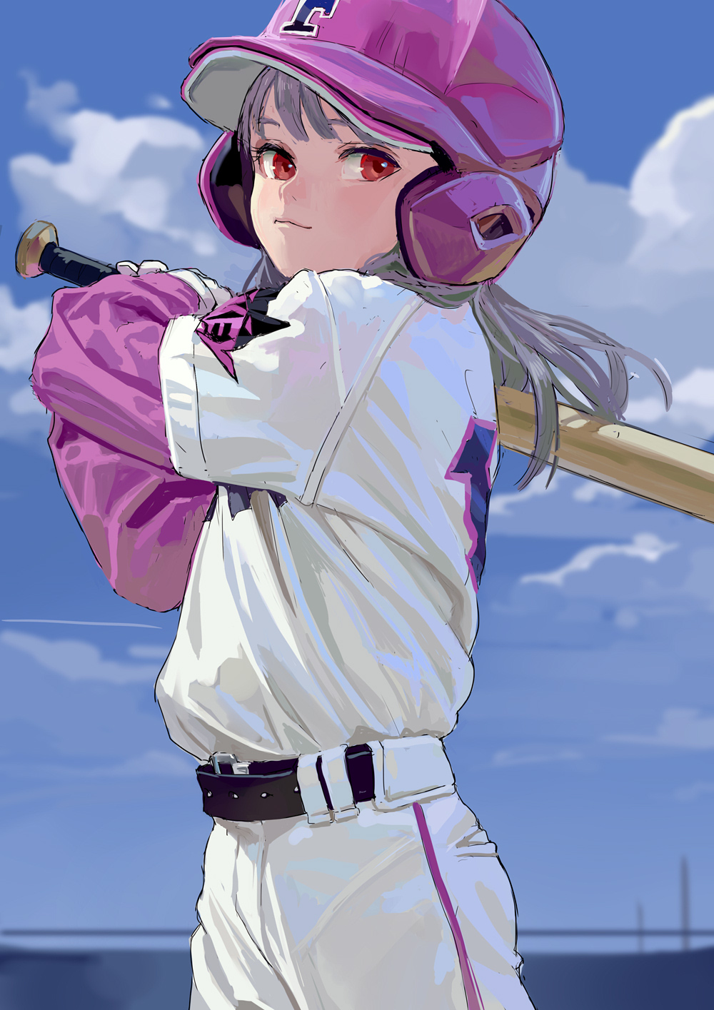 1girl arms_up bangs baseball_bat baseball_helmet baseball_uniform clouds cloudy_sky fkey gloves helmet highres holding holding_baseball_bat jersey long_hair original pants ponytail red_eyes shirt sidelocks silver_hair sky solo sportswear standing upper_body white_gloves white_pants white_shirt