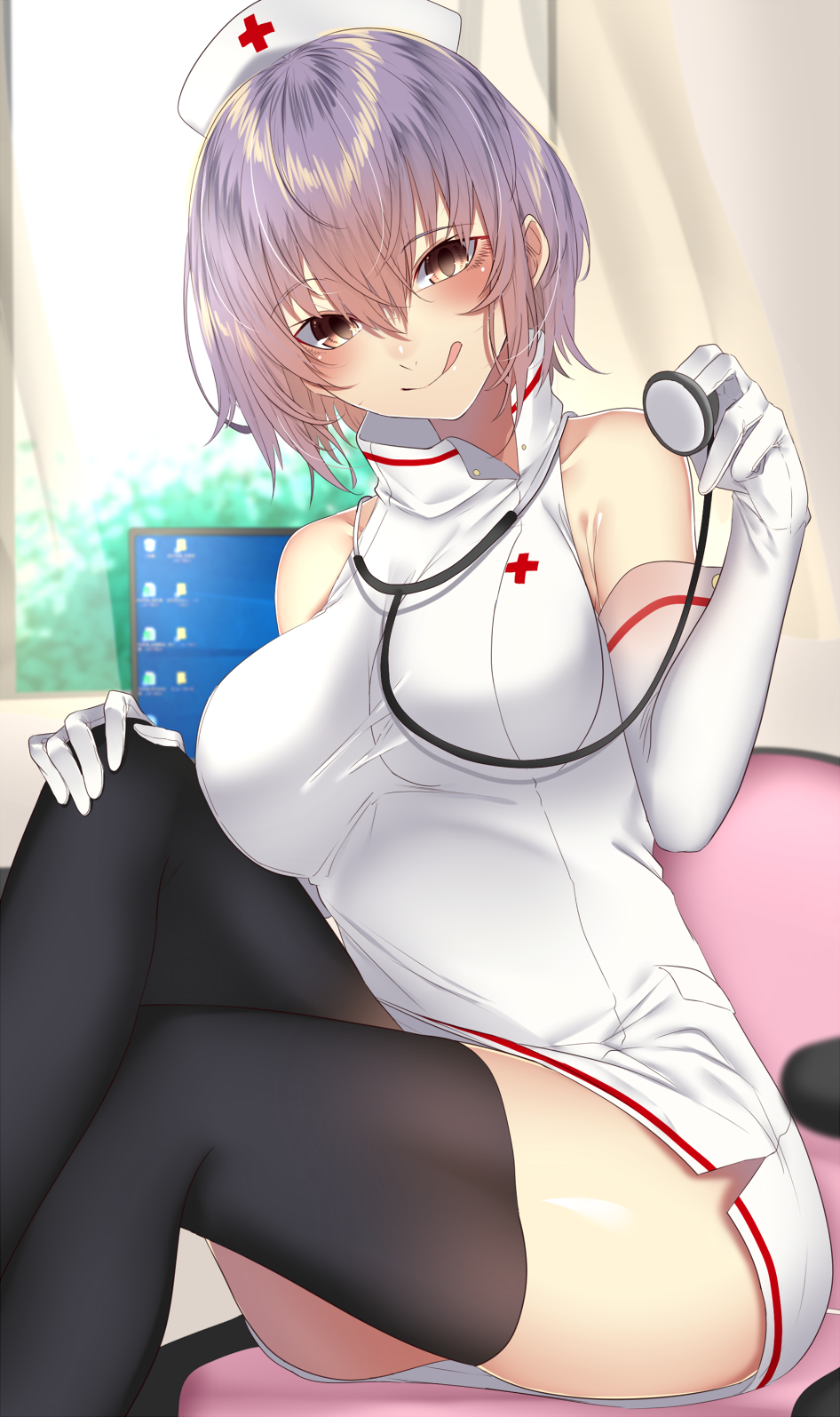 1girl :q bare_shoulders black_legwear blush breasts brown_eyes elbow_gloves gloves hair_between_eyes hat highres large_breasts looking_at_viewer monitor nurse nurse_cap onineko-chan original purple_hair short_hair sitting smile solo stethoscope thigh-highs tongue tongue_out white_background