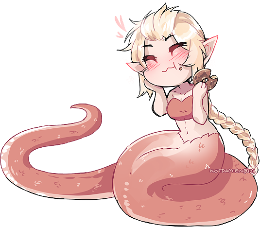 :3 :t ^_^ blonde_hair blush braid chibi closed_eyes crumbs_on_face doughnut eating food happy hearts lamia monster_girl naga notdamien original pointy_ears ponytail snake_girl sunlight_(sinamuna) sweets tail tubetop