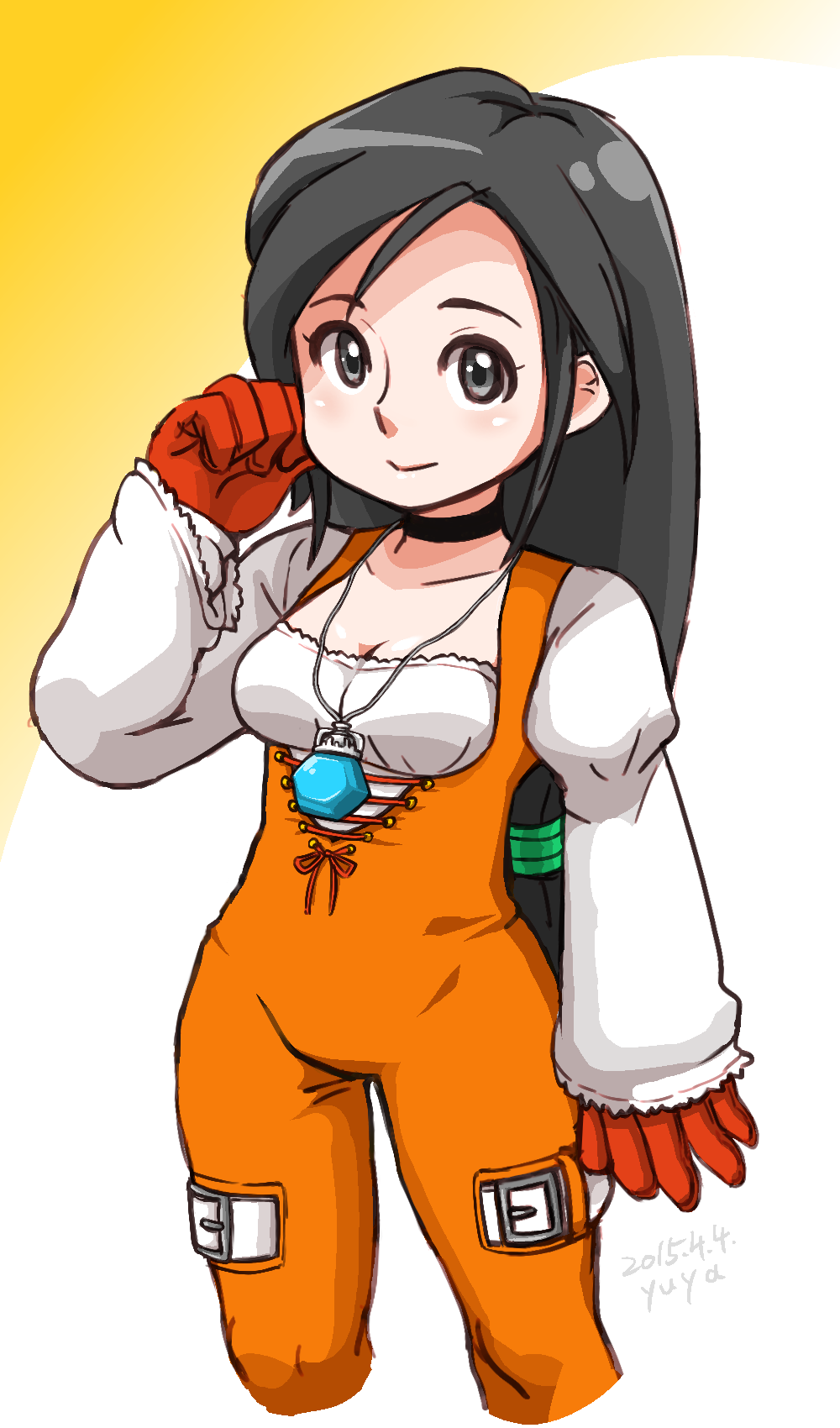 1girl black_eyes black_hair bodysuit breasts choker cleavage closed_mouth commentary_request corset final_fantasy final_fantasy_ix garnet_til_alexandros_xvii gloves groin highres hiru_made_ne-tarou jewelry long_hair looking_at_viewer necklace orange_bodysuit solo