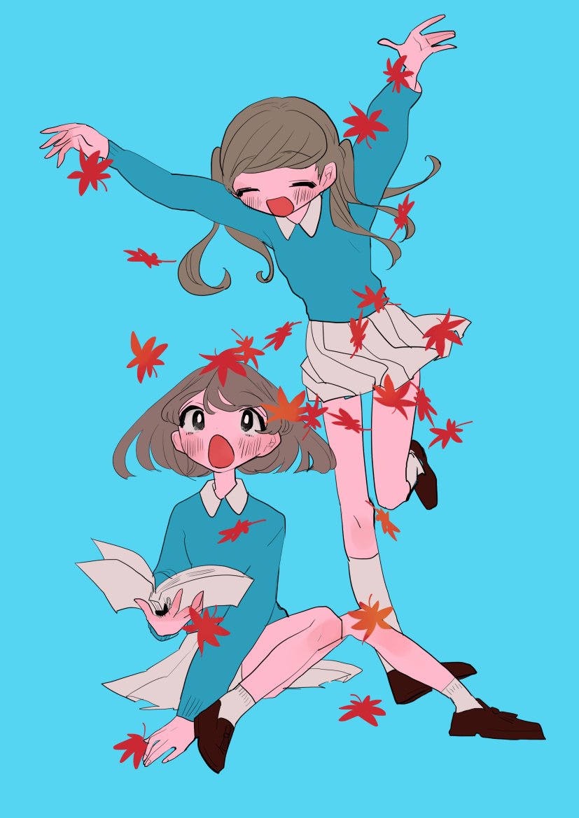 2girls aqua_background arms_up autumn_leaves bangs black_footwear blue_shirt book brown_hair closed_eyes eyebrows_visible_through_hair inata17ta knees_up leaf long_hair long_sleeves multiple_girls no_nose open_book open_mouth original pleated_skirt shirt shoes short_hair simple_background sitting skirt socks swept_bangs twintails white_skirt