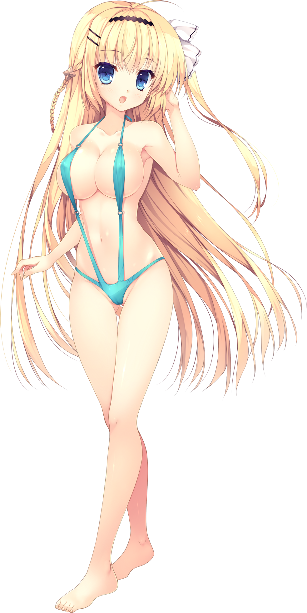 1girl aqua_swimsuit barefoot blonde_hair blue_eyes braid breasts eyebrows_visible_through_hair full_body hair_ornament hairband hairclip halterneck hand_to_head haruoto_alice_gram highres kuonji_kazuha_(harugura) large_breasts long_hair mitha navel o-ring o-ring_swimsuit official_art one_side_up open_mouth solo swimsuit thigh_gap transparent_background