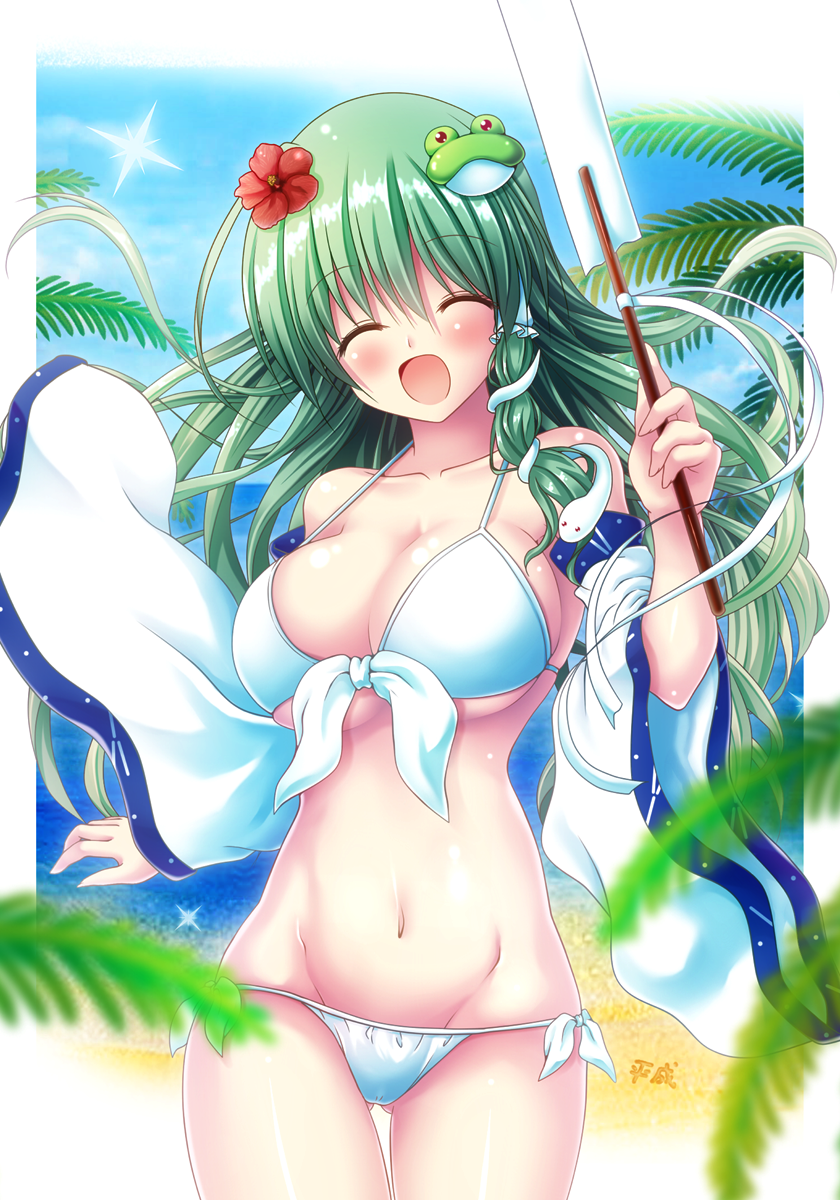 1girl :d ^_^ beach bikini breasts cleavage closed_eyes closed_eyes collarbone commentary_request cowboy_shot day detached_sleeves eyebrows_visible_through_hair facing_viewer flower frog_hair_ornament front-tie_bikini front-tie_top gluteal_fold gohei green_hair groin hair_flower hair_ornament hand_up highres kochiya_sanae large_breasts long_hair navel open_mouth osashin_(osada) outdoors side-tie_bikini smile snake_hair_ornament solo swimsuit thigh_gap touhou white_bikini wide_sleeves