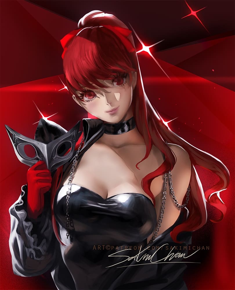 1girl artist_name banned_artist bare_shoulders black_jacket blush bow breasts chains choker cleavage gloves jacket leotard long_hair looking_at_viewer mask matching_hair/eyes medium_breasts patreon_username persona persona_5 persona_5_the_royal ponytail red_eyes red_gloves redhead sakimichan signature simple_background smile solo upper_body watermark web_address yoshizawa_kasumi