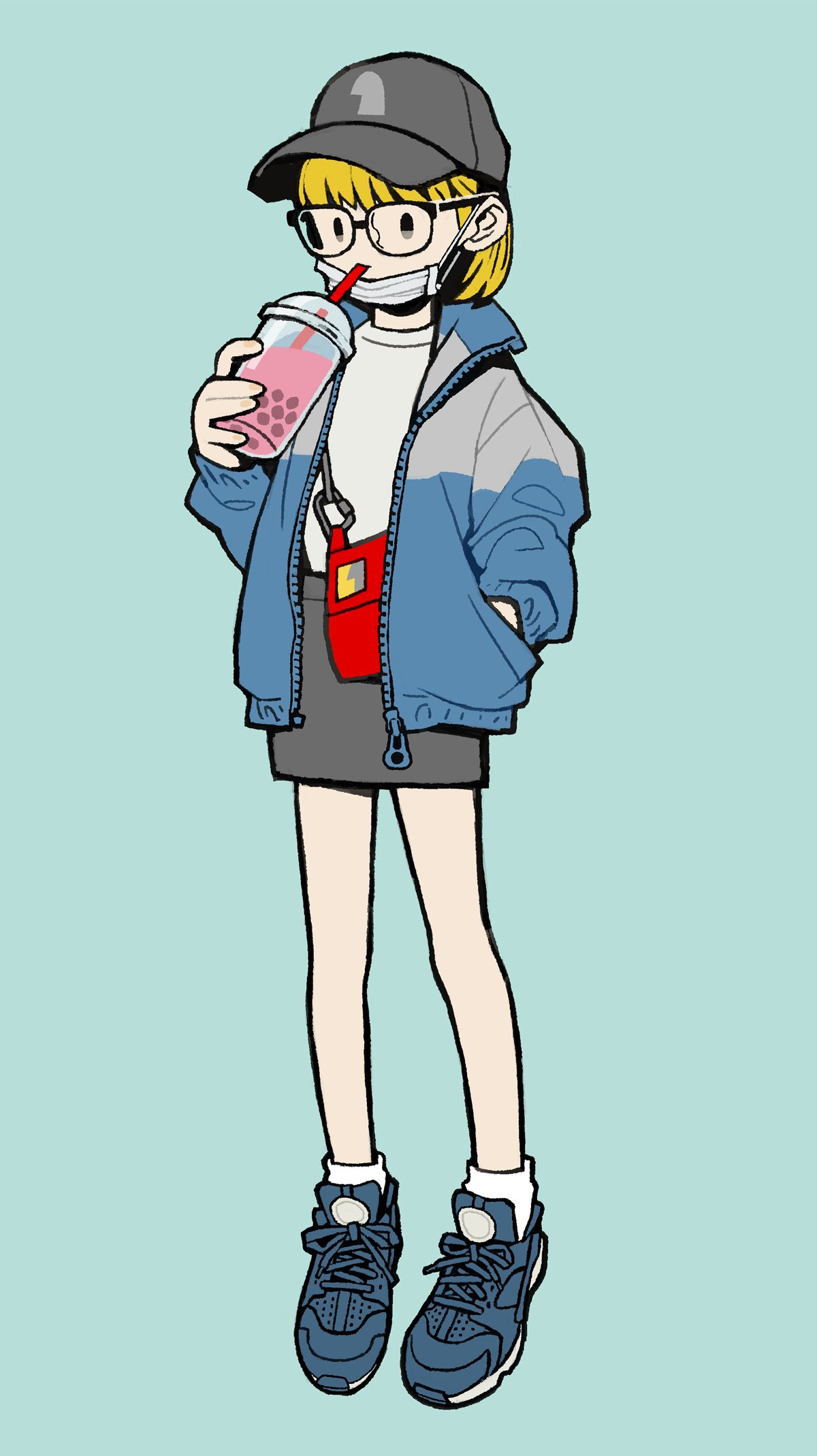 1girl bag bangs baseball_cap blonde_hair blue_footwear bubble_tea cup drinking drinking_straw glasses grey_skirt hand_in_pocket hat highres holding holding_cup jacket looking_to_the_side original shirimoto shirt shoes short_hair simple_background skirt sneakers solid_oval_eyes solo surgical_mask white_legwear white_shirt