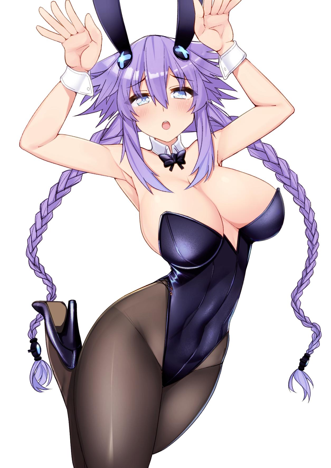 1girl animal_ears bare_shoulders black_legwear black_leotard blue_eyes blush braid breasts bunnysuit cleavage covered_navel cuffs detached_collar dura hair_between_eyes hair_ornament handcuffs high_heels highres large_breasts leotard long_hair looking_at_viewer neptune_(series) open_mouth pantyhose power_symbol purple_hair purple_heart rabbit_ears skin_tight solo standing standing_on_one_leg symbol-shaped_pupils twin_braids twintails very_long_hair