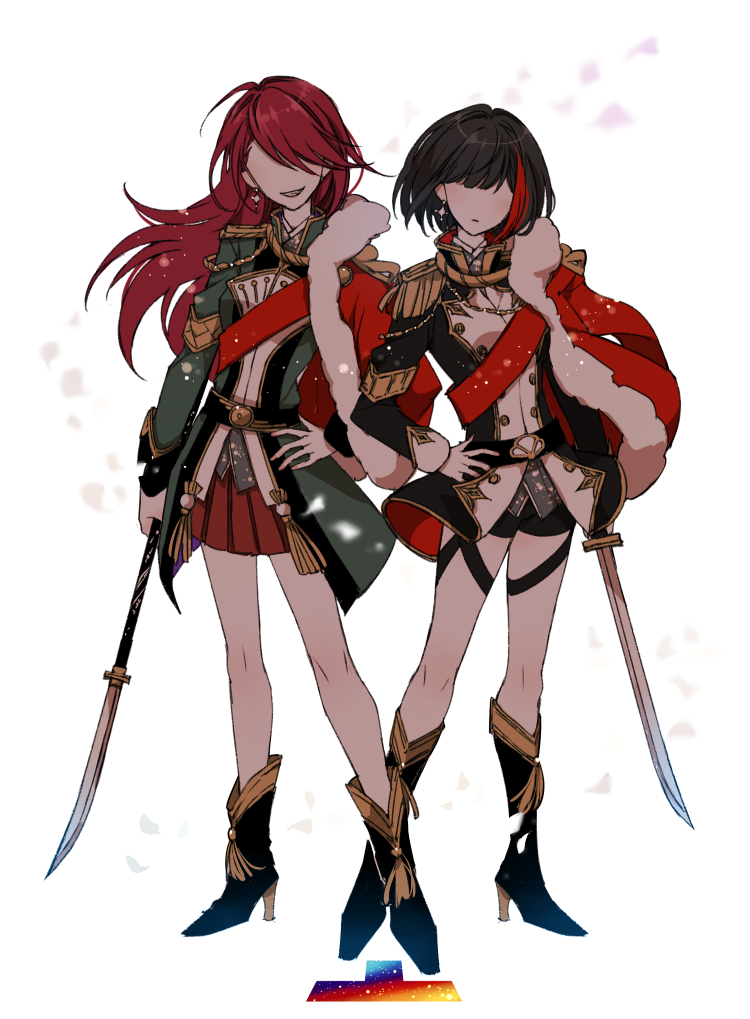 2girls bang_dream! black_footwear black_hair bob_cut boots chino_machiko cosplay cosplay_request double-breasted earrings epaulettes full_body fur-trimmed_jacket fur_trim green_jacket grin hand_on_hip high_heel_boots high_heels holding holding_sword holding_weapon jacket jacket_on_shoulders jewelry long_hair mitake_ran multicolored_hair multiple_girls no_eyes petals pleated_skirt polearm red_jacket red_skirt redhead sash short_hair shoujo_kageki_revue_starlight skirt smile standing streaked_hair sword thigh_strap udagawa_tomoe weapon white_background