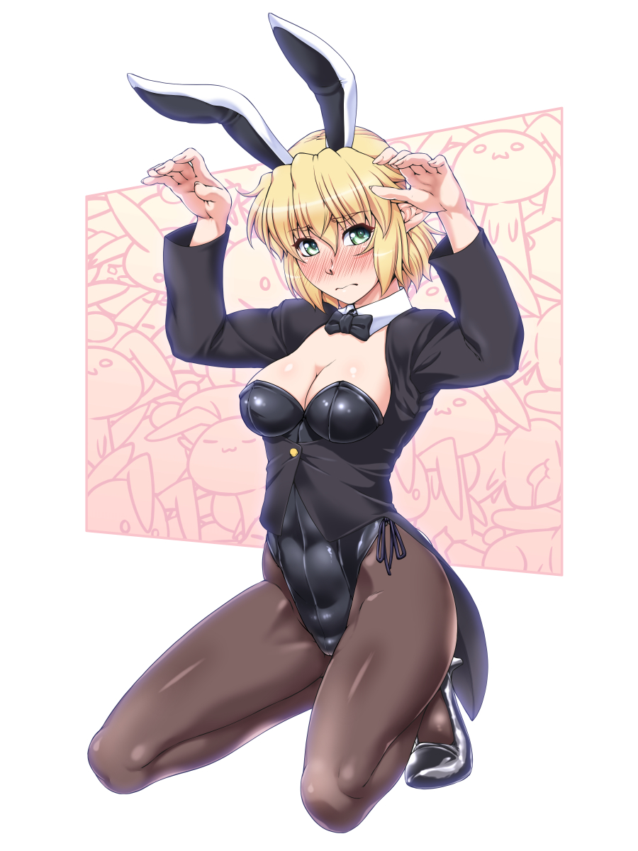 1girl alternate_costume animal_ears arms_up bangs black_bow black_footwear black_jacket black_legwear black_neckwear blonde_hair blush bow bowtie breasts bunny_tail bunnysuit cleavage commentary_request covered_navel detached_sleeves eyebrows_visible_through_hair fake_animal_ears fake_tail full_body green_eyes hair_between_eyes high_heels highres jacket looking_at_viewer medium_breasts mizuhashi_parsee nose_blush ootsuki_wataru pantyhose pointy_ears rabbit_ears seiza short_hair sidelocks sitting solo tail thighs touhou white_background