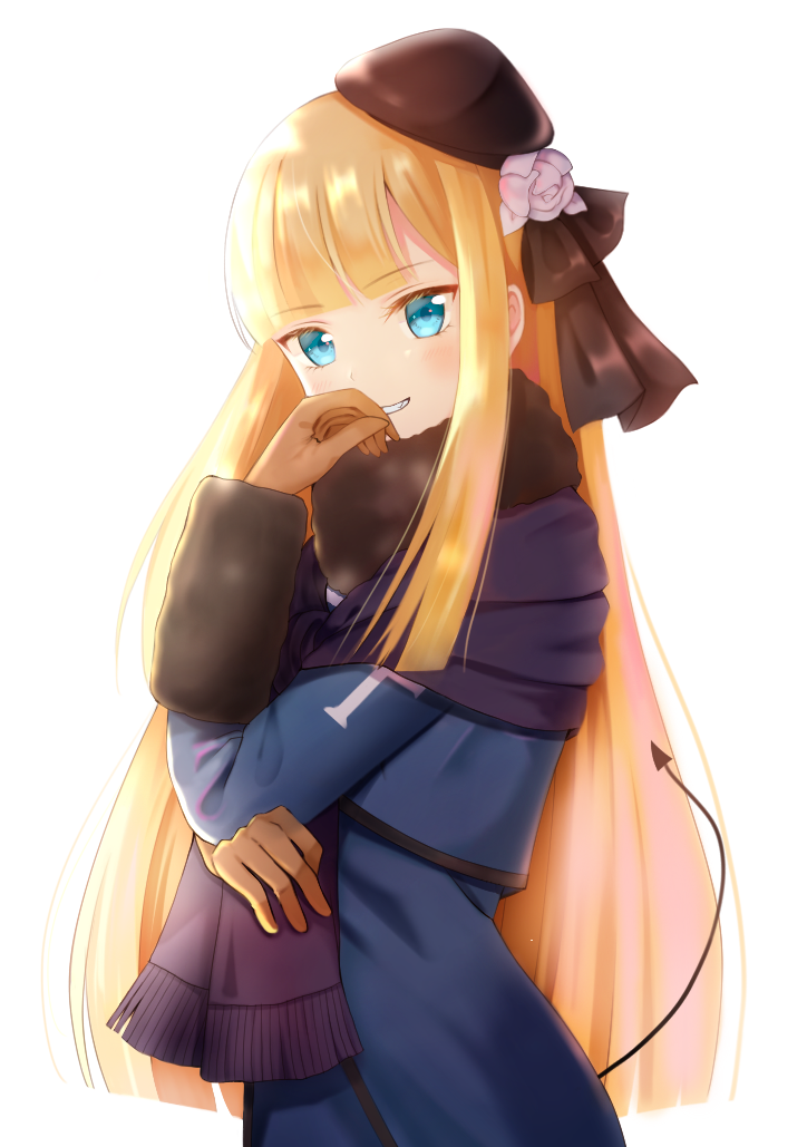 1girl bangs beret blonde_hair blue_coat blue_eyes blush bow brown_bow brown_gloves brown_headwear commentary_request demon_tail eyebrows_visible_through_hair fate_(series) flower fringe_trim gloves grin hair_bow hair_flower hair_ornament hand_up hat head_tilt long_hair long_sleeves looking_at_viewer lord_el-melloi_ii_case_files nasii reines_el-melloi_archisorte rose smile solo tail tail_raised tilted_headwear very_long_hair white_flower white_rose