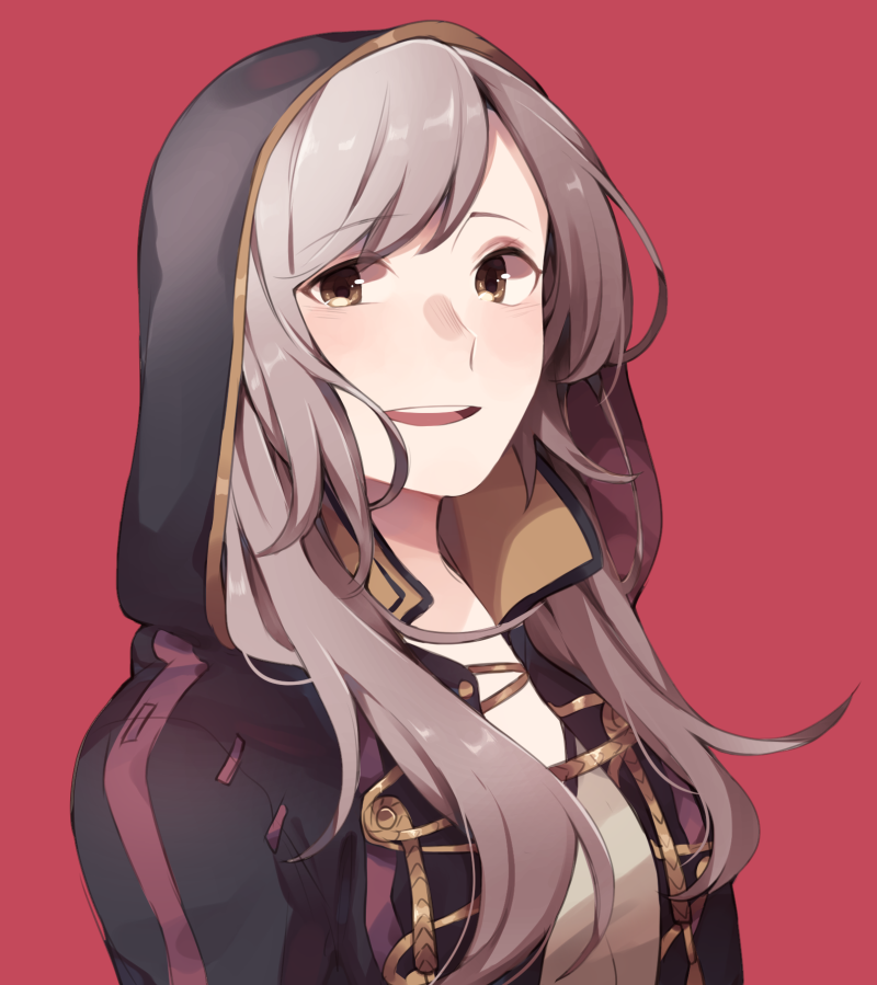 1girl brown_eyes female_my_unit_(fire_emblem:_kakusei) fire_emblem fire_emblem:_kakusei happukiri hood hood_up intelligent_systems long_hair my_unit_(fire_emblem:_kakusei) nintendo open_mouth red_background reflet robe simple_background solo upper_body white_hair
