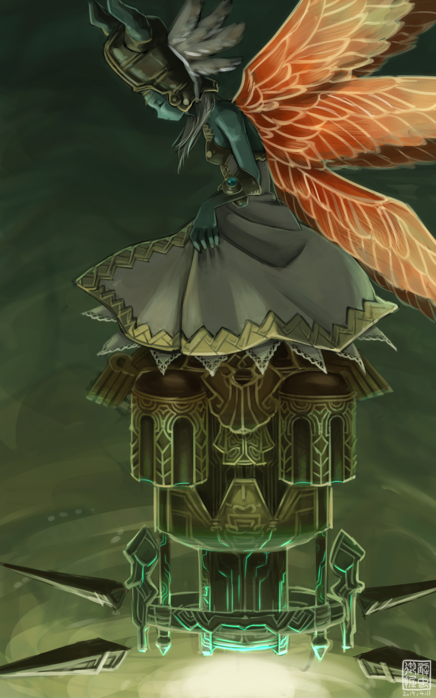 1girl 2019 bare_shoulders blue_skin breasts circlet closed_eyes closed_mouth dated dress dress_lift esper feathered_wings final_fantasy final_fantasy_tactics_advance final_fantasy_xii from_side hat head_wings highres horned_headwear horns kani_onigiri_(shottare) lifted_by_self long_hair multicolored multicolored_wings multiple_wings silver_hair sleeveless sleeveless_dress small_breasts solo ultima_(ffta) white_dress wings