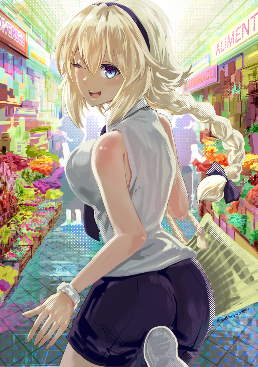 bangs bare_shoulders blonde_hair blue_bow blue_eyes blue_shorts bow bracelet braid collared_shirt commentary_request fate/grand_order fate_(series) hair_between_eyes jeanne_d'arc_(fate) jeanne_d'arc_(fate)_(all) jewelry long_hair looking_back necktie one_eye_closed open_mouth shirt shorts single_braid sleeveless sleeveless_shirt smile storefront thighs uenoryoma white_shirt