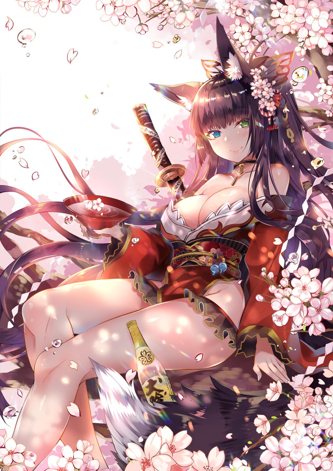 animal_ear_fluff animal_ears bangs bare_legs bare_shoulders black_collar black_hair blue_eyes blush bottle breasts butterfly_hair_ornament cherry_blossoms cleavage closed_mouth collar cup day detached_collar eyebrows_visible_through_hair flower fox_ears fox_girl fox_tail green_eyes hair_flower hair_ornament heterochromia highres hip_vent holding holding_cup in_tree japanese_clothes kimono large_breasts long_hair long_sleeves looking_at_viewer off-shoulder_kimono original outdoors petals ponytail red_kimono sakazuki sake_bottle sash sheath sheathed shiny shiny_hair sitting sitting_in_tree smile sword tail tree tree_shade usagihime very_long_hair weapon