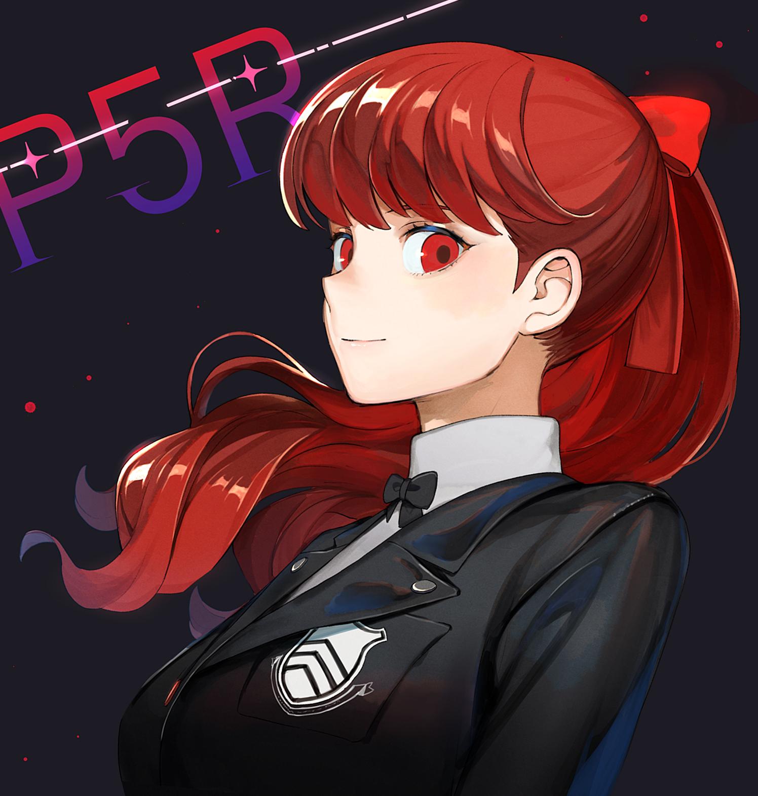 1girl highres jacket kyufe long_hair looking_at_viewer persona persona_5 persona_5_the_royal ponytail red_eyes redhead school_uniform shuujin_academy_uniform simple_background smile solo yoshizawa_kasumi