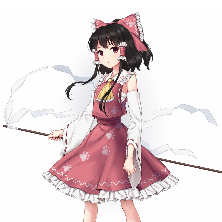 1girl ascot bare_shoulders black_hair blush bow commentary_request feet_out_of_frame frilled_ascot frilled_bow frilled_shirt_collar frills gohei hair_bow hair_tubes hakurei_reimu half_updo holding looking_at_viewer minust paw_print petticoat red_bow red_eyes red_skirt ribbon-trimmed_sleeves ribbon_trim sarashi shide short_hair sidelocks simple_background skirt skirt_set solo standing touhou white_background wily_beast_and_weakest_creature yellow_neckwear