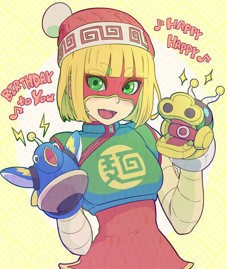 1girl arms_(game) bangs beanie blonde_hair chinese_clothes domino_mask dragon dragon_(arms) facepaint food gloves green_eyes hat hitohito looking_at_viewer mask min_min_(arms) noodles short_hair simple_background smile solo