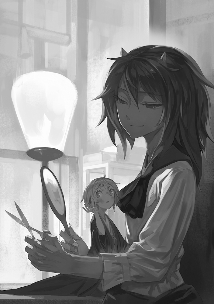 2girls adjusting_hair ahoge blush greyscale hand_mirror indoors kijin_seija looking_back minigirl mirror monochrome multiple_girls open_mouth short_hair size_difference smile sukuna_shinmyoumaru touhou yamamomo_(plank)