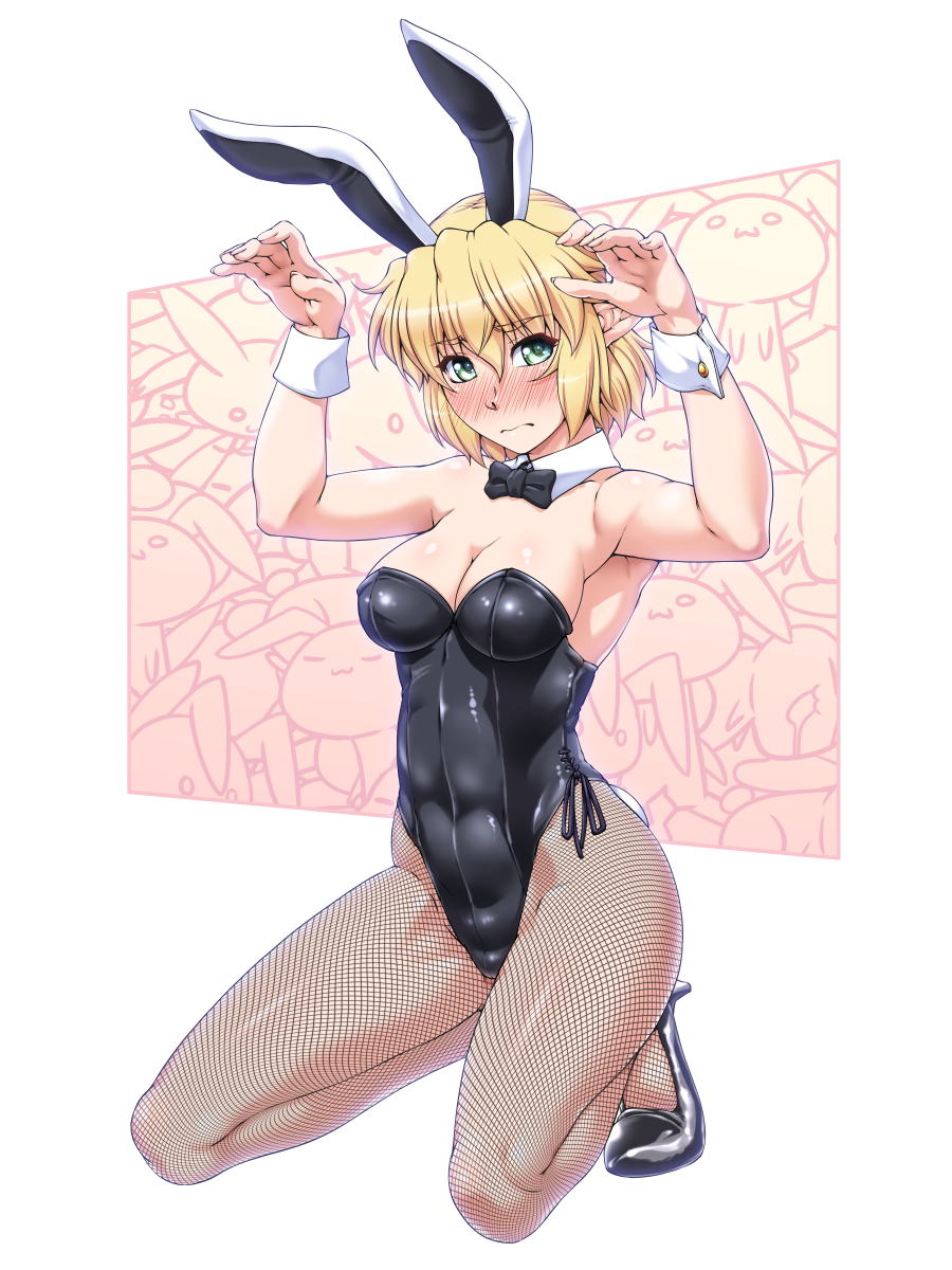 1girl alternate_costume animal_ears arms_up bangs bare_arms bare_shoulders black_bow black_footwear black_neckwear blonde_hair blush bow bowtie breasts bunny_tail bunnysuit cleavage commentary_request covered_navel detached_sleeves eyebrows_visible_through_hair fake_animal_ears fake_tail fishnet_pantyhose fishnets full_body green_eyes hair_between_eyes high_heels highres looking_at_viewer medium_breasts mizuhashi_parsee nose_blush ootsuki_wataru pantyhose pointy_ears rabbit_ears seiza short_hair sidelocks sitting solo tail thighs touhou white_background wrist_cuffs